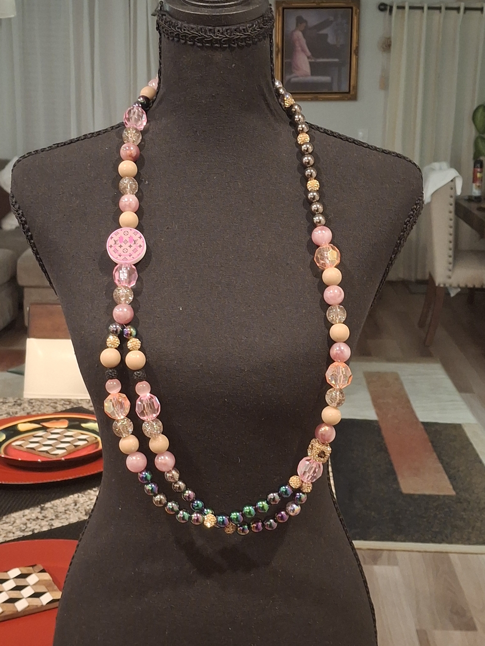 Handcrafted Pink Beaded Long Necklace